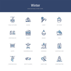 set of 16 vector stroke icons such as christmas tree, candy cane, safety glasses, christmas sock, christmas card, snowman from winter concept. can be used for web, logo, ui\u002fux