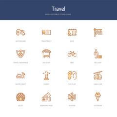 set of 16 vector stroke icons such as icecream, rudder, boarding pass, igloo, cable car, flip flop from travel concept. can be used for web, logo, ui\u002fux