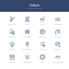 set of 16 vector stroke icons such as ensalada malague&ntilde;a, fabada, female bikini piece, food stall, fried shrimp, gazpacho from culture concept. can be used for web, logo, ui\u002fux