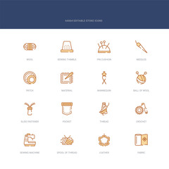 set of 16 vector stroke icons such as fabric, leather, spool of thread, sewing machine, crochet, thread from sew concept. can be used for web, logo, ui\u002fux