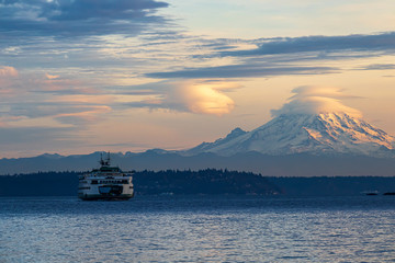 shoreline on bainbridge island with glow from the setting sun