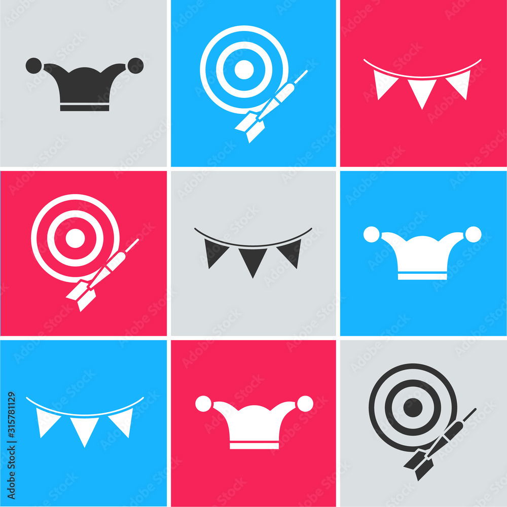 Wall mural set jester hat with bells, classic dart board and arrow and carnival garland with flags icon. vector