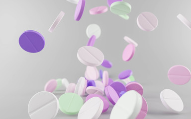 Obraz na płótnie Canvas Many falling colorful pharma medication pills isolated on white 3d illustration render