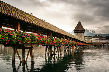 The Lucerne Covered Bridge, medieval wooden construction. 