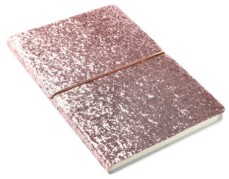 Stylish Pink Glitter Notebook Isolated On White