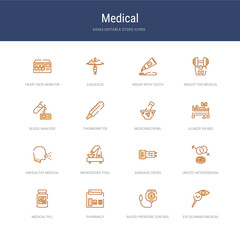 Fototapeta na wymiar set of 16 vector stroke icons such as eye scanner medical, blood pressure control tool, pharmacy, medical pill, united heterosexual, bandage cross from medical concept. can be used for web, logo,