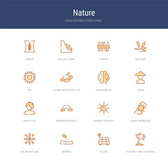 Fototapeta premium set of 16 vector stroke icons such as coconut tree standing, solar, seeding, big snowflake, sunny pronostic, shining sun with rays from nature concept. can be used for web, logo, ui\u002fux