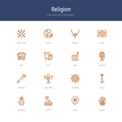 set of 16 vector stroke icons such as karma, india, cobra, kalasha, sitar, dharma from religion concept. can be used for web, logo, ui\u002fux