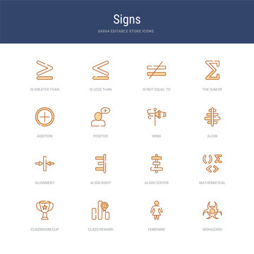 Set Of 16 Vector Stroke Icons Such As Biohazard, Femenine, Class Reward, Classroom Cup, Mathematical, Align Center From Signs Concept. Can Be Used For Web, Logo, Ui\u002fux