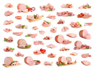 Set of tasty hams on white background
