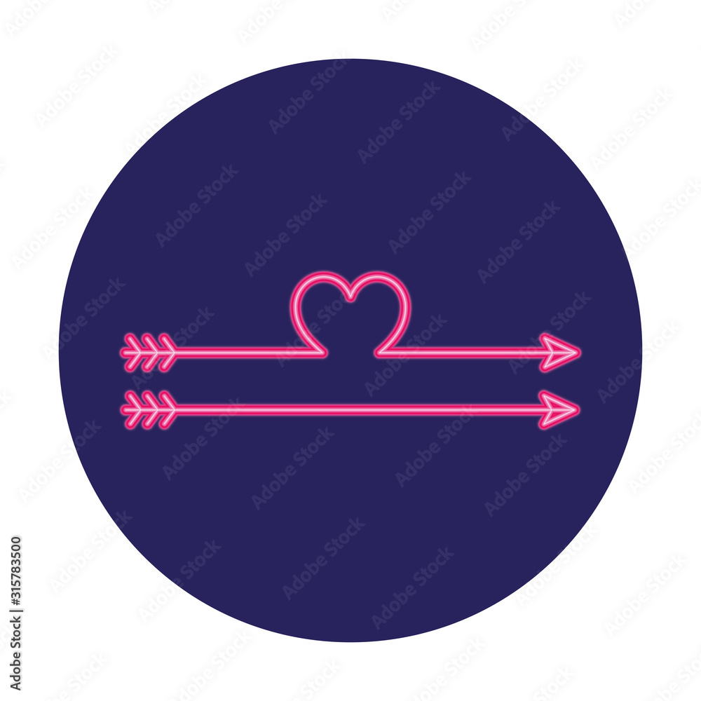 Poster arrows with shape heart in neon light, valentines day