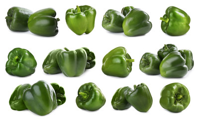 Set of ripe green bell peppers on white background