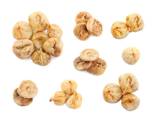 Set of dried sweet figs on white background, top view