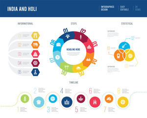 infographic design from india and holi concept. informational, timeline, statistical and steps presentation themes.