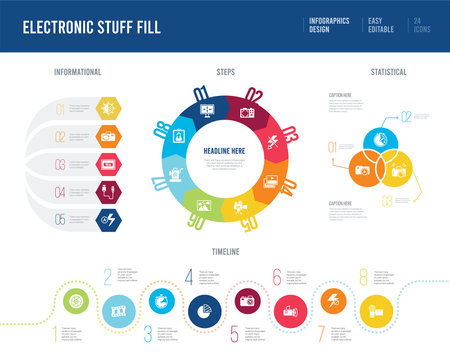 infographic design from electronic stuff fill concept. informational, timeline, statistical and steps presentation themes.