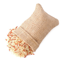 Mix of brown and polished rice in bag isolated on white, top view