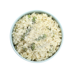 Delicious risotto with asparagus isolated on white, top view