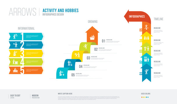 arrows style infogaphics design from activity and hobbies concept. infographic vector illustration