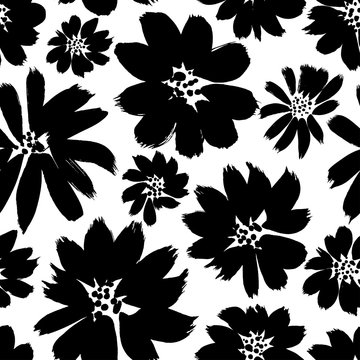 Ink drawing flowers hand drawn seamless pattern. Black and white ink brush vector texture. Grunge dry brushstroke drawing.