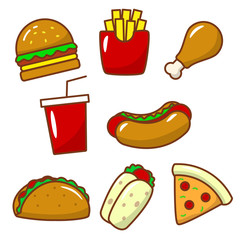 Set of cute fast food vector  illustration such as burger, french fries, hot dog and more isolated on white background 