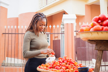 young pretty african trader feeling excited as she is packaging her tomatoes.