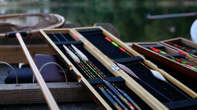 Fishing net and floats. Fishing tackles and rod for herabuna fishing