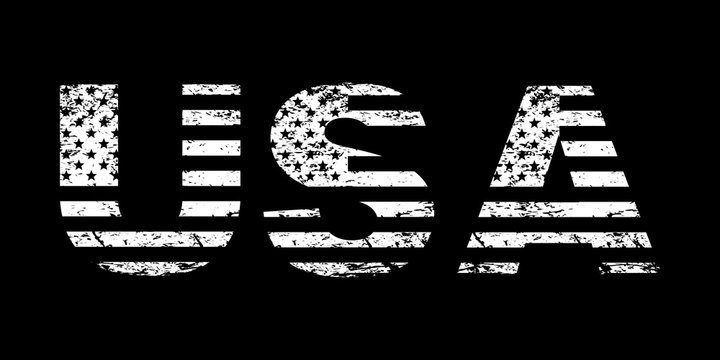 USA flag grunge text, American flag in letters, white isolated on black background, vector illustration.