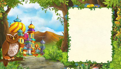 Cartoon nature scene with bird eagle with beautiful castle with frame for text - illustration for the children