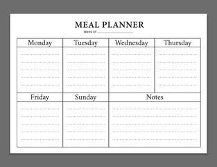 Simple meal menu planner with row and column grid vector design template