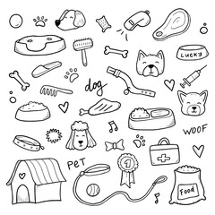 Hand drawn set of dog and pet accessories elements: bone, food, leash. For the design of dog themes: training, caring, grooming a dog. Doodle sketch style vector illustration. - obrazy, fototapety, plakaty