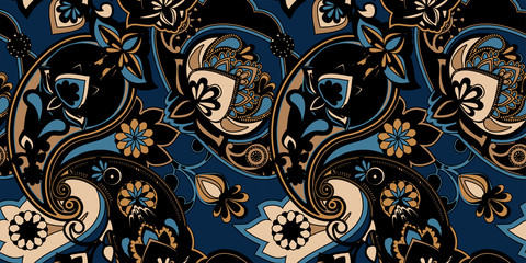 Decorative seamless pattern for fabric, tapestry, wallpaper and backgrounds in the style of a traditional oriental paisley pattern.