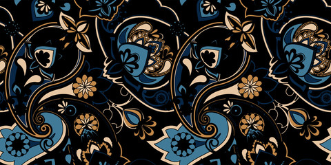 Decorative seamless pattern for fabric, tapestry, wallpaper and backgrounds in the style of a traditional oriental paisley pattern.