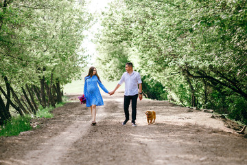 Fototapeta premium A pregnant girl and her husband are walking in the forest with a dog, a fashionable young couple, spring