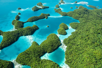 Scattered islands in the sea, greenery, aerial
