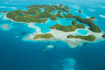 Small islands covered in tropical greenery over cyan ocean