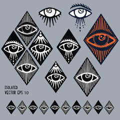 Dark hand drawn magic third eye clipart motif set. Spiritual magical human eyes vector icons. Esoteric symbol of protection line art collection  - obrazy, fototapety, plakaty