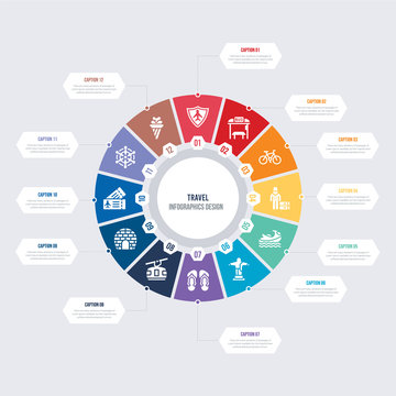 Round 12 Options Travel Infographic Template Design. Icecream, Rudder, Boarding Pass, Igloo, Cable Car, Flip Flop Vector Icons