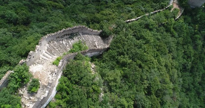 Aerial view by flying drone of great wall in china