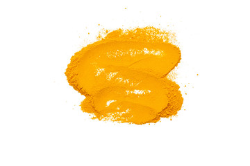 Naklejka na ściany i meble Dry turmeric powder isolated on white background.Close-up of powder orange color turmeric.top view