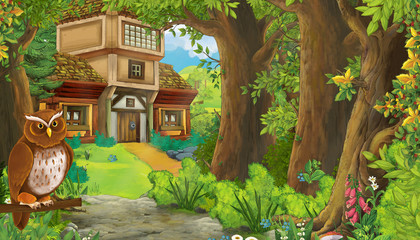 cartoon scene with forest and mediaval farm village or city illustration for children