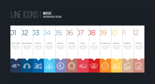 infographic design with 12 options. stroke line icons such as pentagram, quaver note, cd writer, piano class, school headphones, football referee whistle can be use for web and mobile