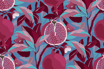 Art floral vector seamless pattern. Pomegranate tree with maroon fruits, blue and pink leaves. Ripe pomegranates with grains and flowers isolated on a blue background.