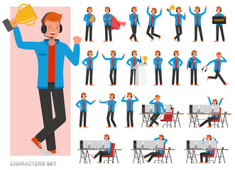 Set of The gamer man character vector design. Presentation in various action with emotions, running, standing and walking.