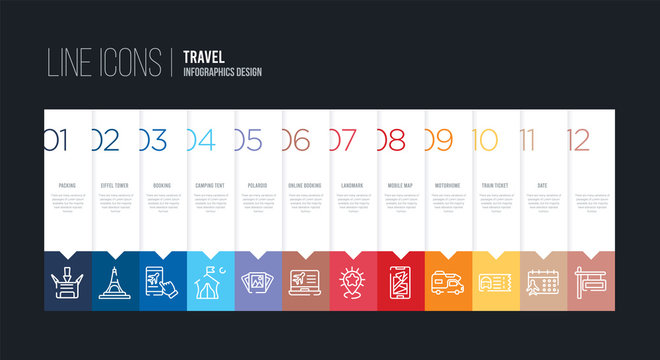 infographic design with 12 options. stroke line icons such as online booking, polaroid, camping tent, booking, eiffel tower, packing can be use for web and mobile