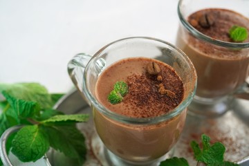 Chocolate mint protein milkshake smoothie, selective focus