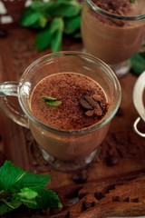 Chocolate mint protein milkshake smoothie, selective focus