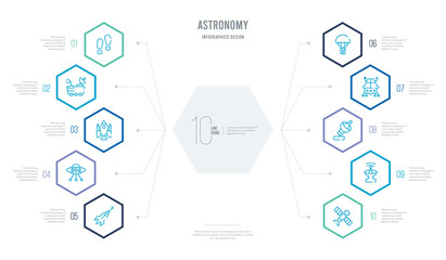 astronomy concept business infographic design with 10 hexagon options. outline icons such as inclined satellite, radar system, radar pointing up, space lander, capsule parachute, ufo flying