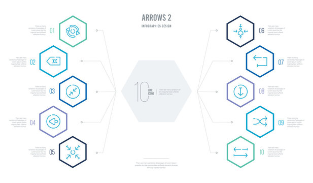 arrows 2 concept business infographic design with 10 hexagon options. outline icons such as transfer, shuffle, down arrow, return, focus, back