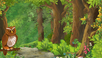 cartoon summer scene with bird eagle with meadow in the forest illustration for children