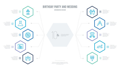 birthday party and wedding concept business infographic design with 10 hexagon options. outline icons such as wedding candle, wedding car, carriage, champagne, couple, day